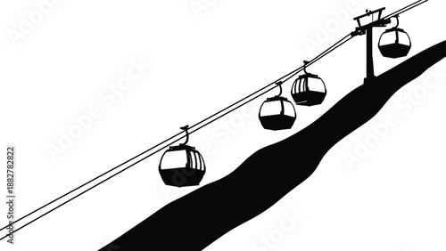 a striking black and white illustration depicting a ski lift ascending a steep slope showcasing aerial transport and scenic mountain views silhouette