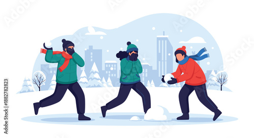 Energetic young friends wearing winter gear engage in a fun snowball fight in a city park with snow covered trees and skyscrapers in the back.