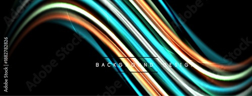 Abstract flowing lines, vibrant colors, dynamic waves. Dark background emphasizes bright streaks, modern design element.