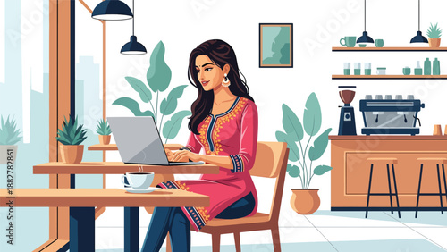 Vector illustration of an Indian woman in traditional attire working in a co-working coffee shop space, symbolizing professional modern lifestyle and cultural diversity at work