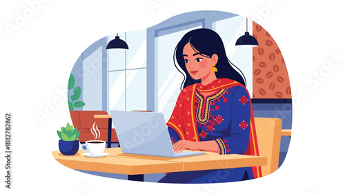 Vector illustration of an Indian woman in traditional attire working in a co-working coffee shop space, symbolizing professional modern lifestyle and cultural diversity at work