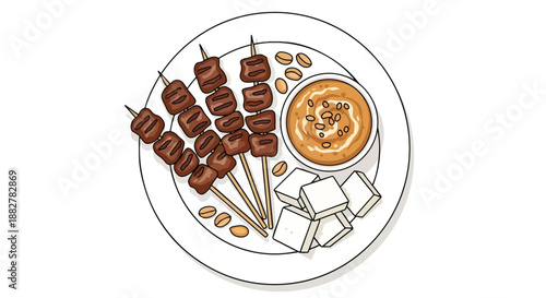 Delicious satay skewers with peanut sauce, tofu, and peanuts on a white plate, traditional Asian food