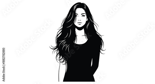 a striking black and white illustration depicting a woman with long flowing hair and a simple top presented as a silhouette