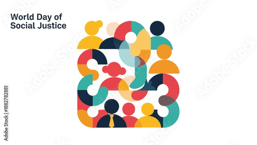 Vector illustration of diverse people in a colorful puzzle composition for World Day of Social Justice with a vibrant, social justice themed design against a clean white background.