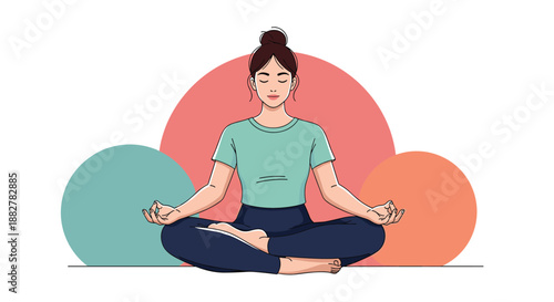 Calm woman with her hair in a bun practices mindfulness and meditation while sitting in a lotus pose against a background of colorful circles.