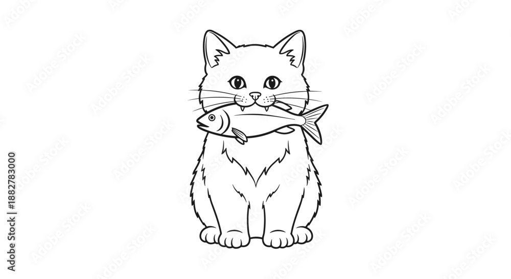 Fototapeta premium Simple and cute line art drawing of a sitting cat holding a small fish in its mouth, suitable for children to color or use for craft projects.
