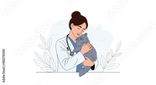 Kind female veterinarian in a white lab coat with a stethoscope around her neck gently embraces a fluffy grey cat in a professional clinic.