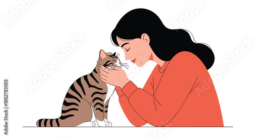 Young woman with long dark hair shares a quiet and tender moment of affection with her striped tabby cat, closing her eyes in peacefulness.
