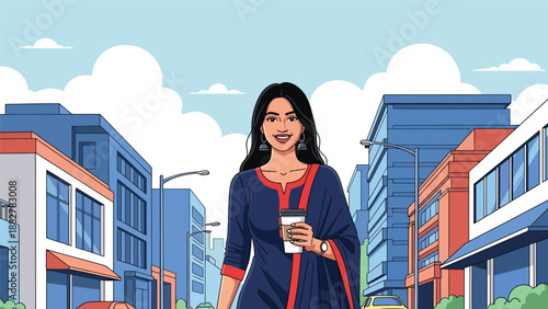 Vector illustration of an Indian woman wearing a kurti walking with takeaway coffee, reflecting modern urban lifestyle and casual daily moments in traditional fashion