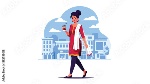Vector illustration of an Indian woman wearing a kurti walking with takeaway coffee, reflecting modern urban lifestyle and casual daily moments in traditional fashion