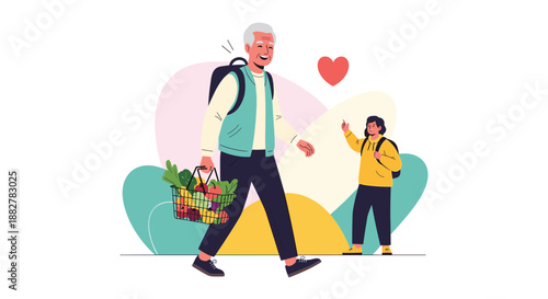 Friendly grandfather walks happily with his grandchild while carrying a large basket filled with fresh healthy vegetables from the market.