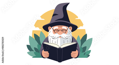 Wise old wizard with a long white beard and a pointed purple hat is deeply engrossed in reading a large magical book in a peaceful garden.