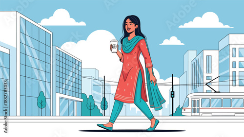 Vector illustration of an Indian woman wearing a kurti walking with takeaway coffee, reflecting modern urban lifestyle and casual daily moments in traditional fashion
