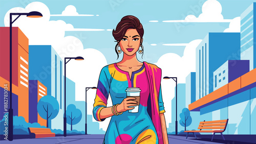 Vector illustration of an Indian woman wearing a kurti walking with takeaway coffee, reflecting modern urban lifestyle and casual daily moments in traditional fashion