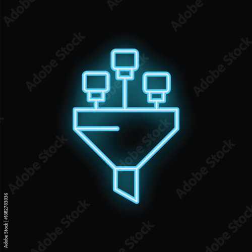 Glowing blue neon icon of data being processed through a sales funnel on a black background