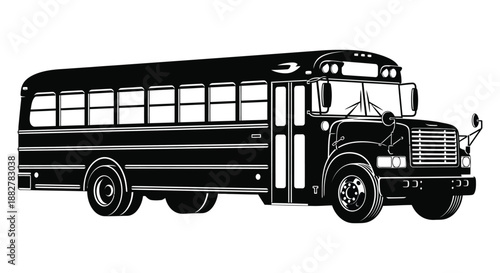 a detailed black and white illustration depicts a classic school bus design showcasing its windows and structure a striking silhouette