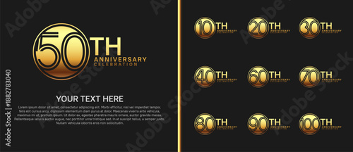anniversary logo set with circle. gold color on black background for celebration moment