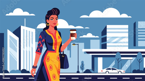 Vector illustration of an Indian woman wearing a kurti walking with takeaway coffee, reflecting modern urban lifestyle and casual daily moments in traditional fashion