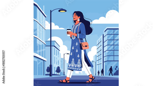 Vector illustration of an Indian woman wearing a kurti walking with takeaway coffee, reflecting modern urban lifestyle and casual daily moments in traditional fashion