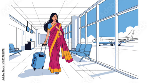 Flat vector illustration of an Indian woman in a traditional sari walking through an airport terminal with suitcase, modern travel lifestyle, cultural fashion, journey and tourism concept