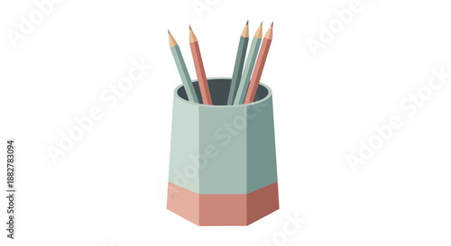 Colorful pencils in a minimalist hexagonal holder, essential office and art supplies