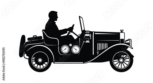 a classic vintage automobile with a driver depicted in a striking monochrome silhouette evoking a sense of timeless elegance and automotive history