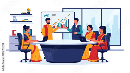 Flat vector illustration of Indian business team in traditional sari and kurta discussing charts in modern office meeting room, corporate teamwork, data analysis, leadership and professional collabora