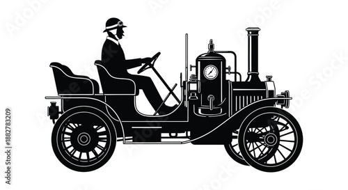 a detailed black and white image depicts a man in vintage attire operating a classic steam powered automobile showcasing a distinct silhouette