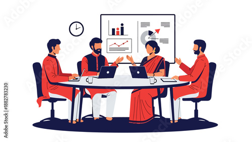 Flat vector illustration of Indian business team in traditional sari and kurta discussing charts in modern office meeting room, corporate teamwork, data analysis, leadership and professional collabora