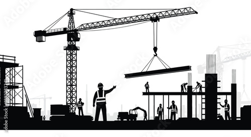 a stark black and white depiction of a construction site with cranes buildings and workers presented as a striking silhouette