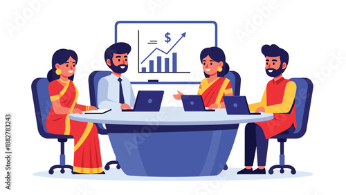 Flat vector illustration of Indian business team in traditional sari and kurta discussing charts in modern office meeting room, corporate teamwork, data analysis, leadership and professional collabora