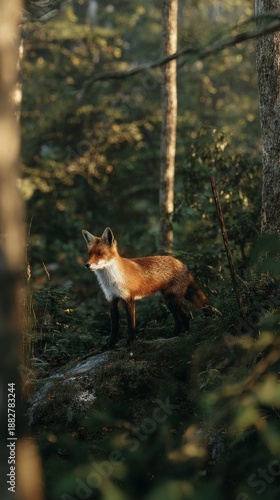 Red Fox in Natural Habitat with Soft Morning Sunlight