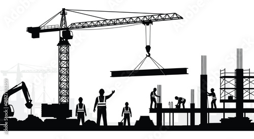 a striking depiction of construction workers and machinery including a large crane in a bold monochrome silhouette design high quality professional