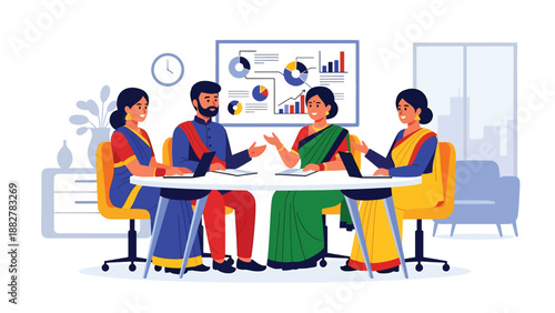 Flat vector illustration of Indian business team in traditional sari and kurta discussing charts in modern office meeting room, corporate teamwork, data analysis, leadership and professional collabora