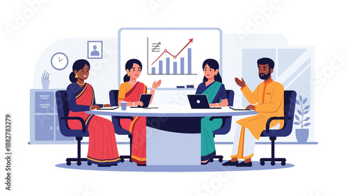 Flat vector illustration of Indian business team in traditional sari and kurta discussing charts in modern office meeting room, corporate teamwork, data analysis, leadership and professional collabora
