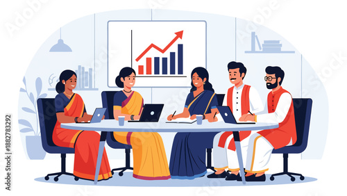 Flat vector illustration of Indian business team in traditional sari and kurta discussing charts in modern office meeting room, corporate teamwork, data analysis, leadership and professional collabora