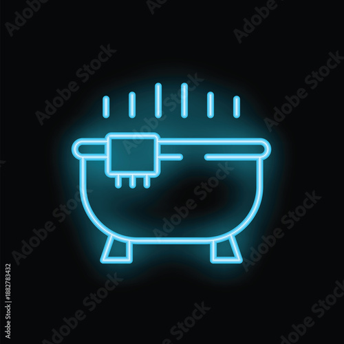 Blue neon sign of a bathtub with steam coming out of the hot water, a perfect design element for a spa, hotel, or bathroom setting