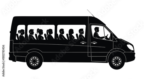 a black silhouette depicting a passenger van filled with people showcasing a side view of the vehicle and its occupants silhouette