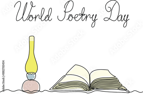 World Poetry Day Continuous One Line Art Illustration of an Open Book and Old Oil Lamp