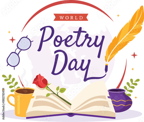 Artistic World Poetry Day Illustration with Open Book Quill Coffee and Rose