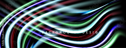 Abstract vibrant lines create flowing, dynamic background. Colors blend, forming modern design element. Brightness contrasts dark space.