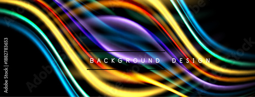 Abstract colorful light streaks over black background. Dynamic flowing lines create modern visual effect. Text reads background design.