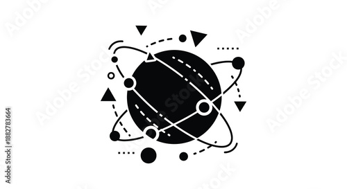 a striking graphic illustration depicting a central sphere encircled by orbiting shapes lines and dots rendered as a clean silhouette