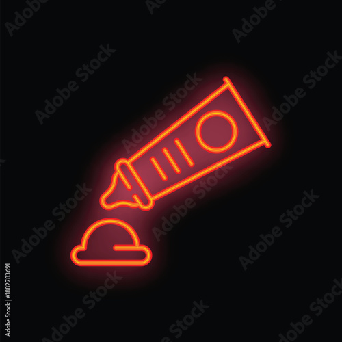 Red neon icon of a tube squeezing out substance on black background