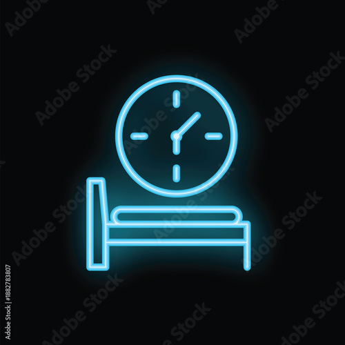 Neon icon of a bed and clock is glowing blue against a black background