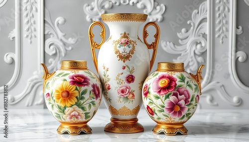 Elegant Italian ceramic vase set with intricate gold detailing, vibrant floral motifs,  decoration,  luxury