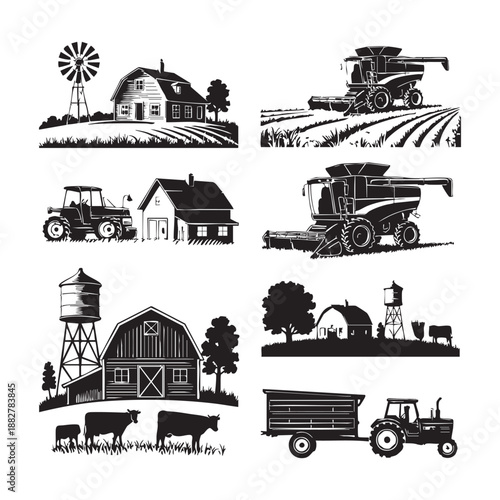 Black and white farm scenes with combine harvesters tractors and barns farming agriculture