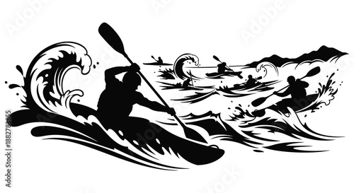 a striking black and white illustration depicts a person kayaking through turbulent water with stylized waves a captivating silhouette high quality