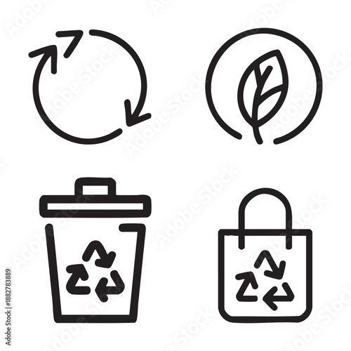 Four black line for recycling and sustainability on white background reuse reduce eco friendly