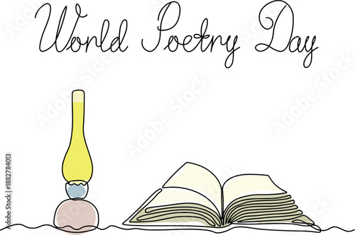 Minimalist One Line Drawing for World Poetry Day with an Open Book and a Classic Oil Lamp Icon